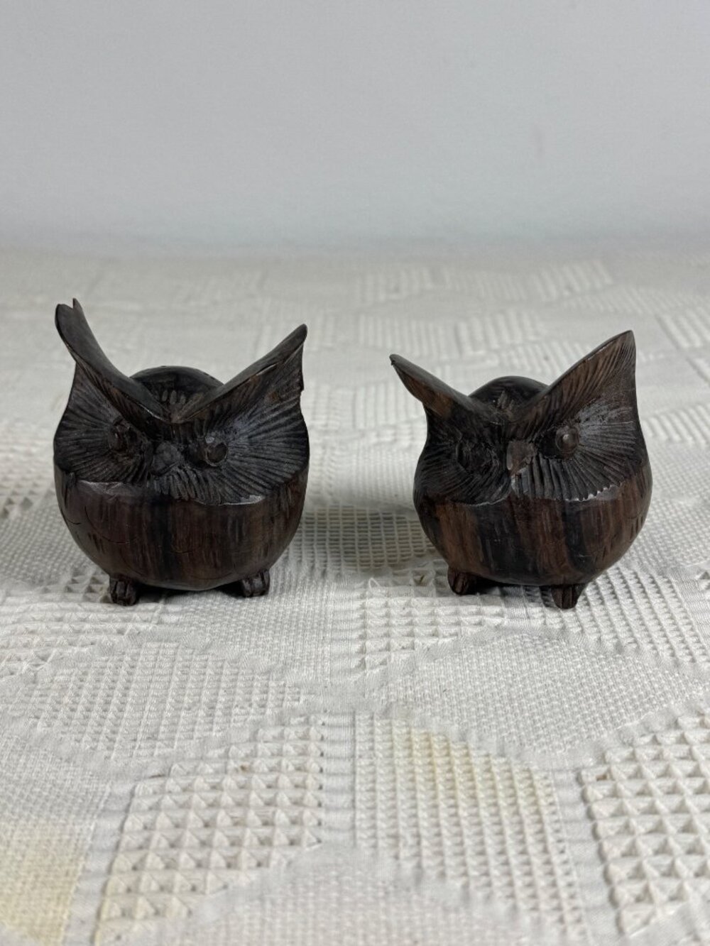 Hand Carved Wooden Owl Figurines MCM Decor Set Of 2 Vintage Mid Century Accents